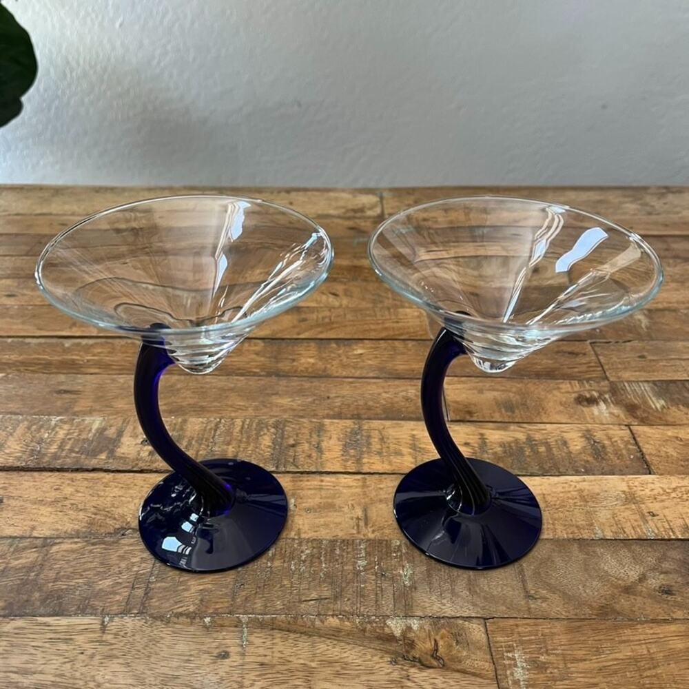 Libbey Bravura Martini Glasses Set Of 2 Cobalt Blue Curved Stem